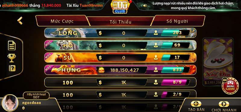 Thao tác tham gia chơi Xóc Đĩa Hit Club cụ thể cho anh em 